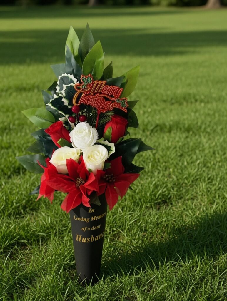Winter silk grave cone with red and white roses