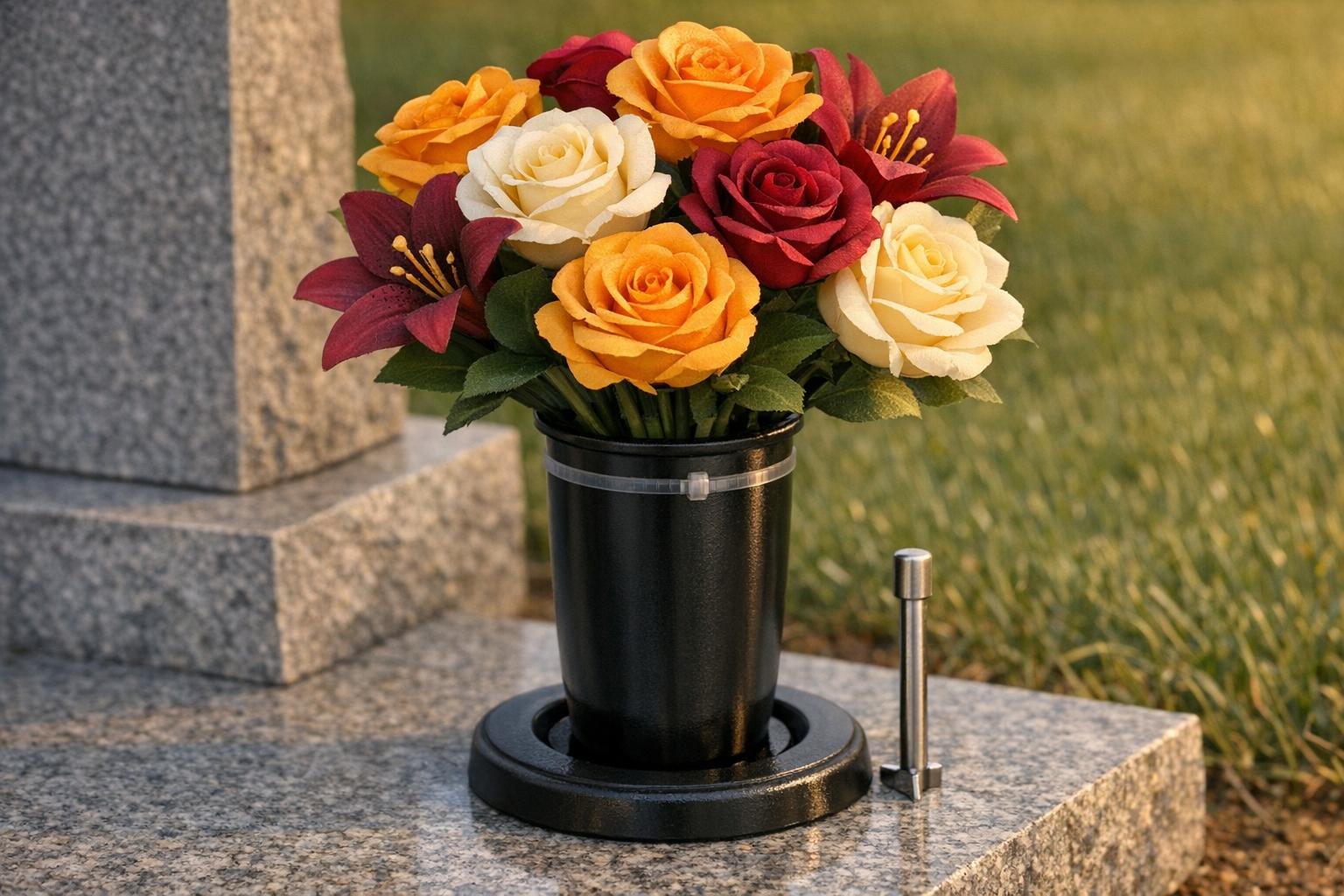 Artificial silk grave flower arrangement in a weighted pot