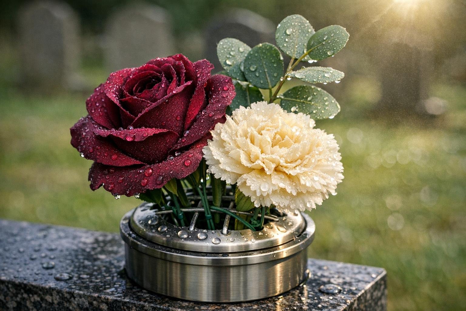 Artificial silk grave flower arrangement for an outdoor memorial