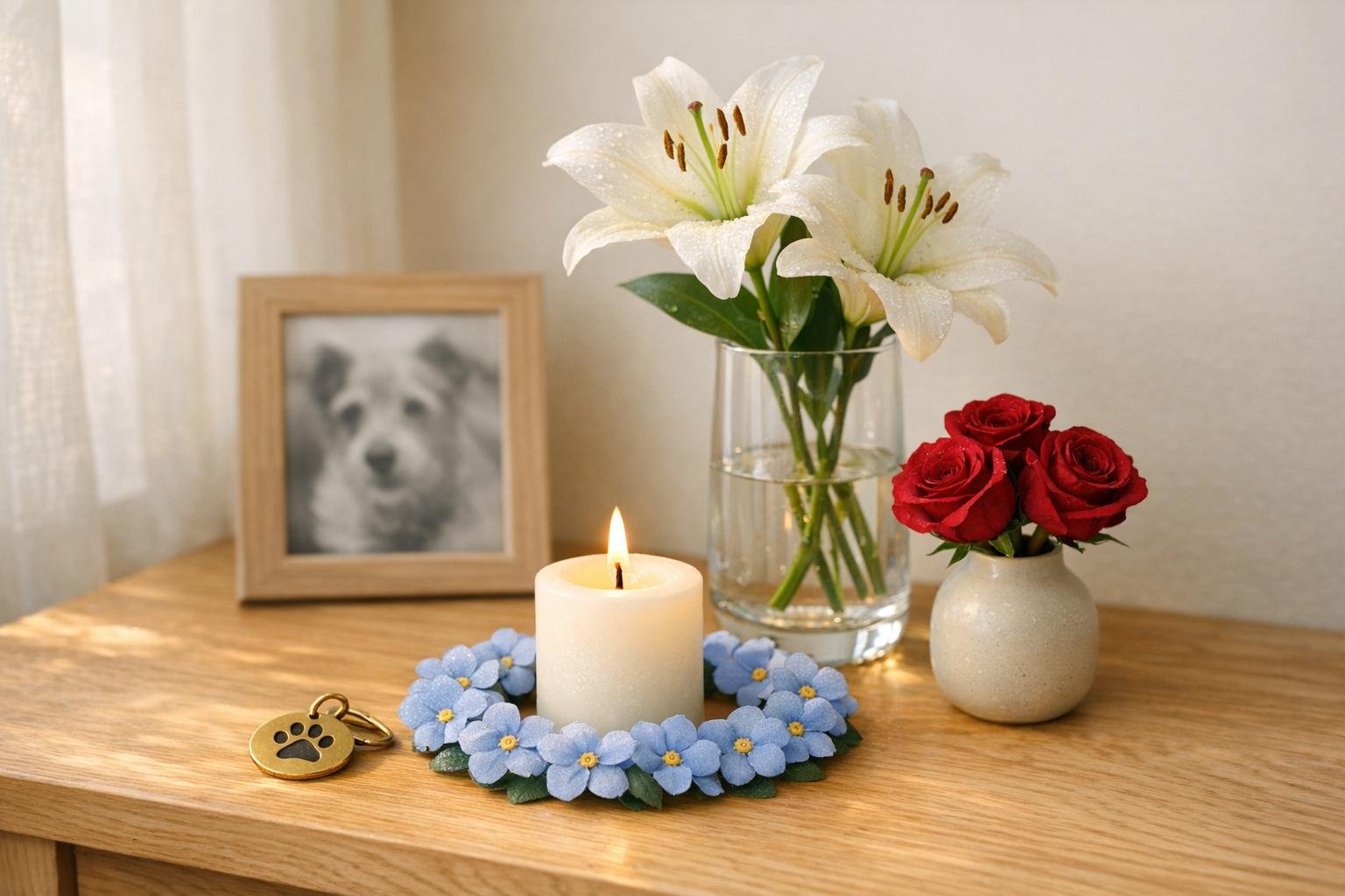 White lilies and roses in a memorial floral tribute