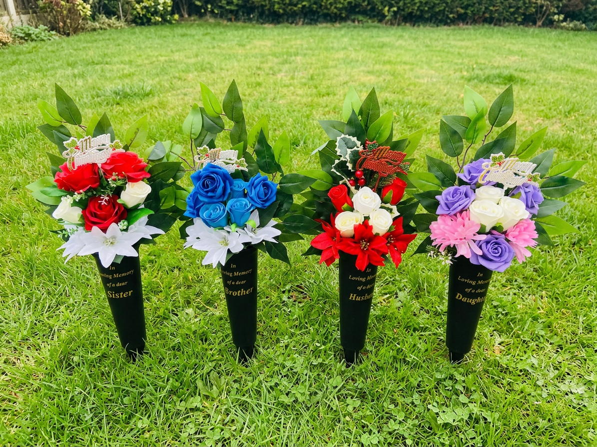 Handmade artificial memorial flowers in black grave vases for Sister, Brother, Husband and Daughter
