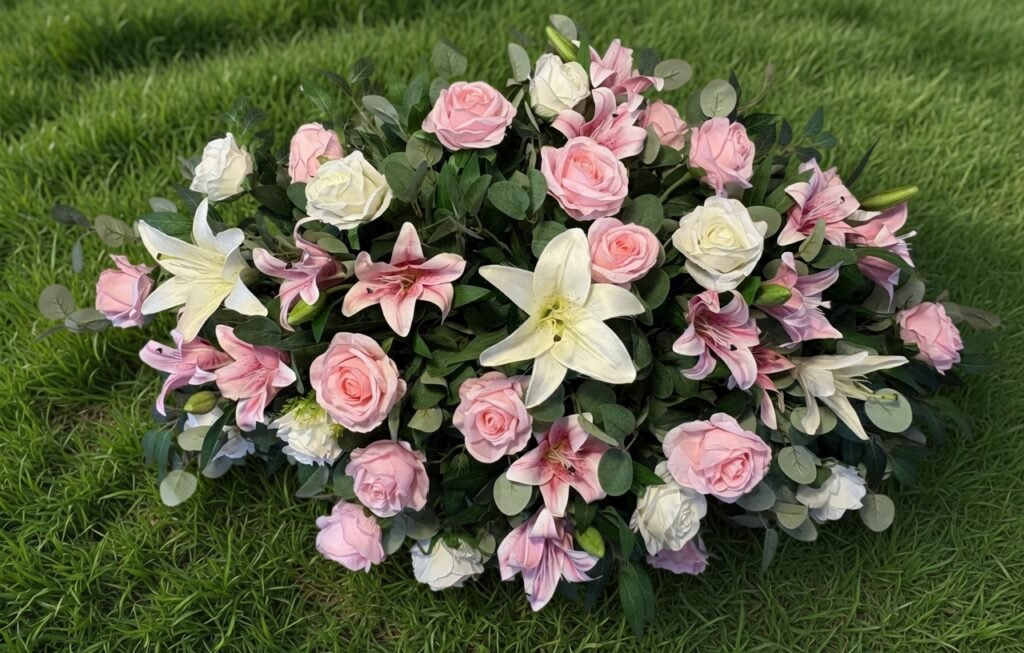 Floral arrangement with pink and white flowers on grass.