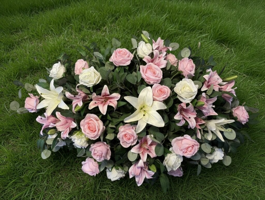 Oval flower arrangement on green grass.