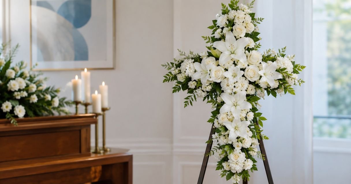 White floral cross tribute displayed in a funeral setting