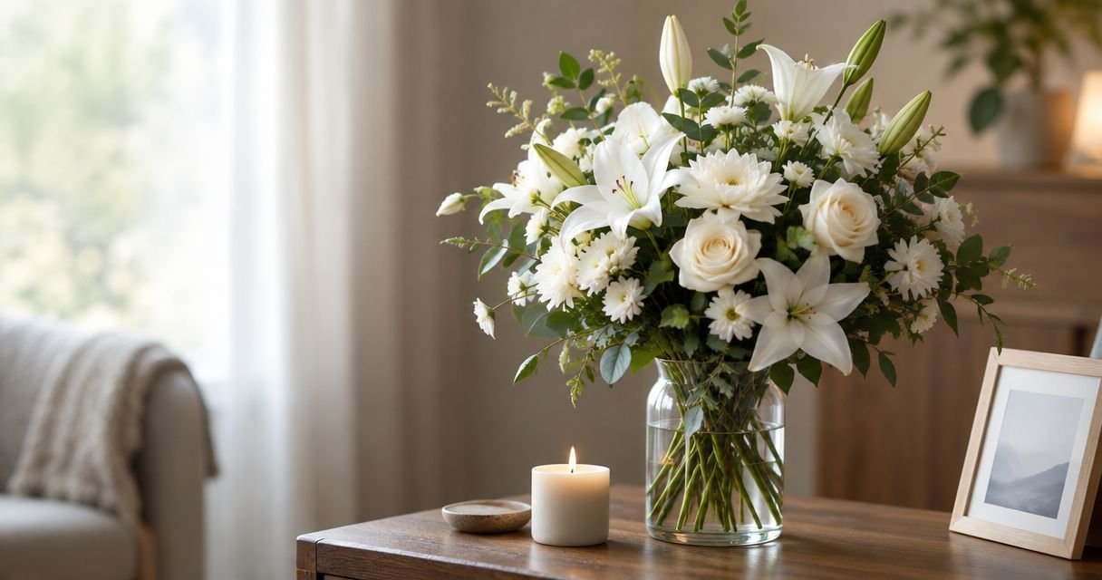 Silk grave pot arrangement resting at a UK headstone