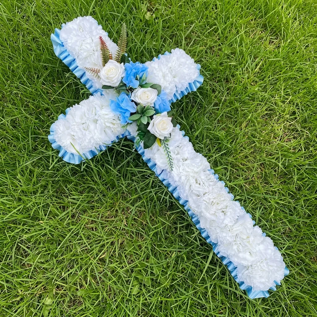 Silk funeral cross flower tribute