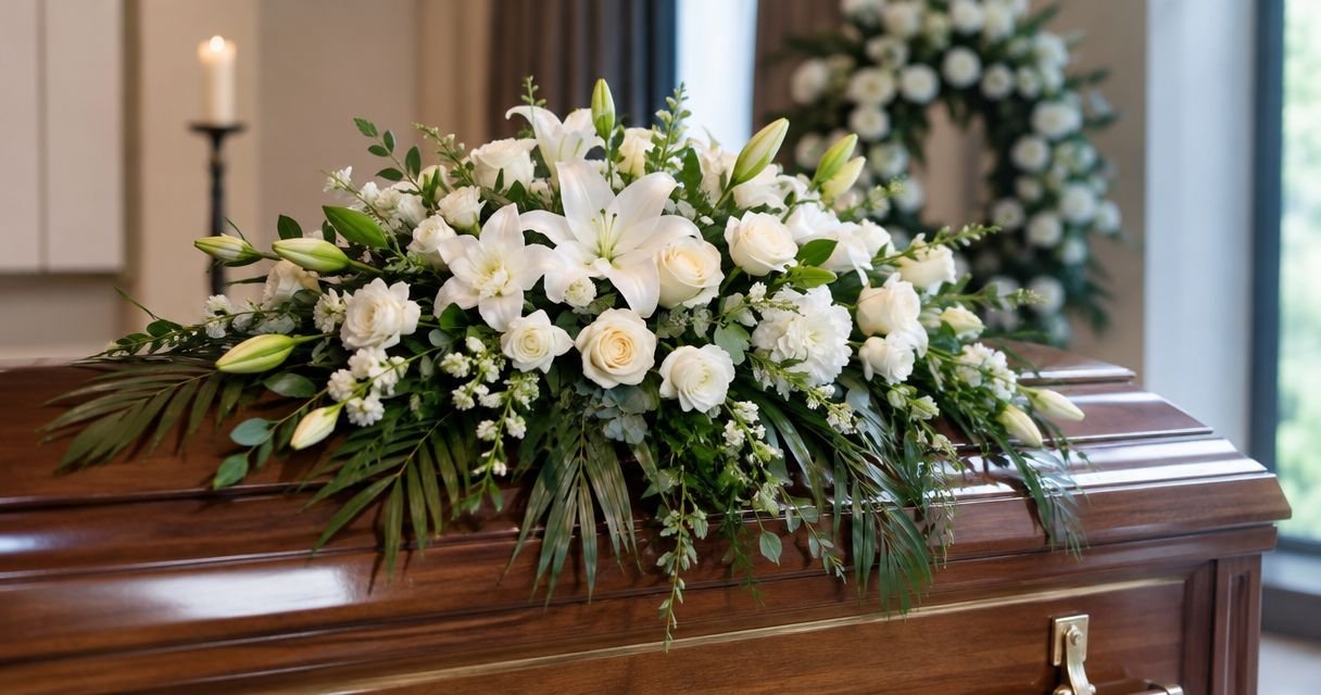 White casket spray of lilies and roses on a wooden coffin.