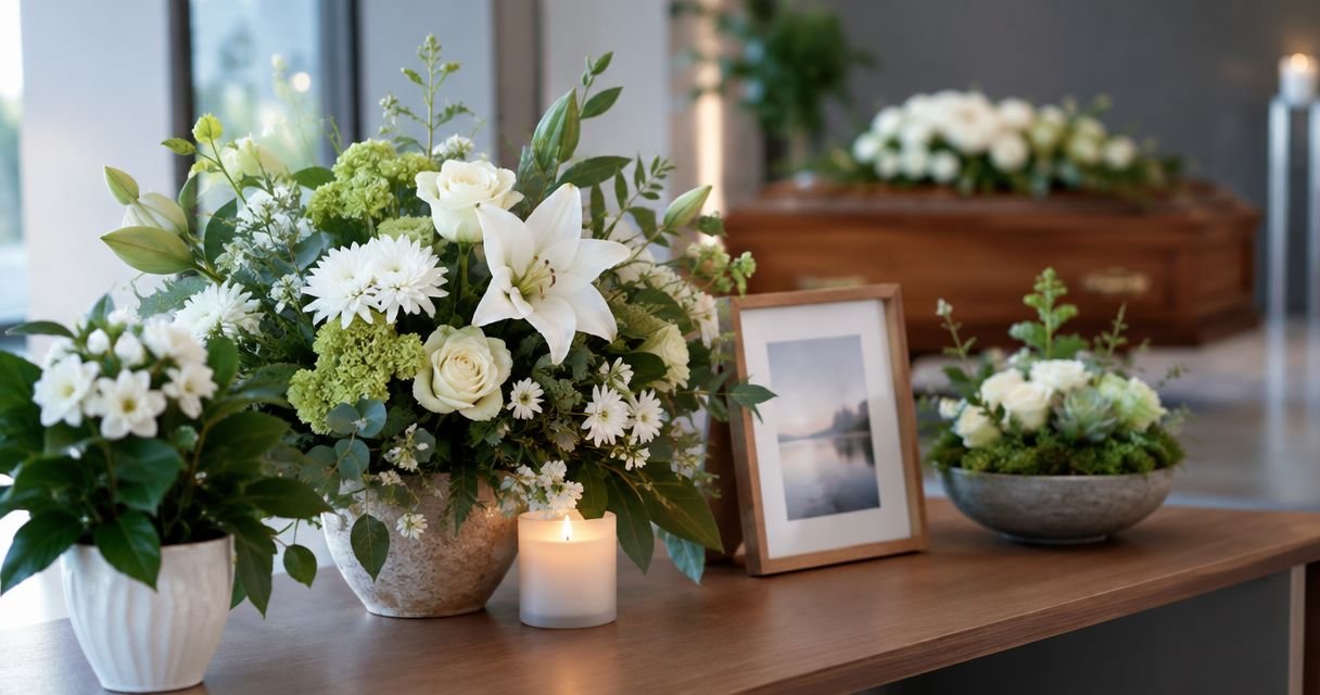 White funeral flower arrangement beside a framed photograph and coffin.