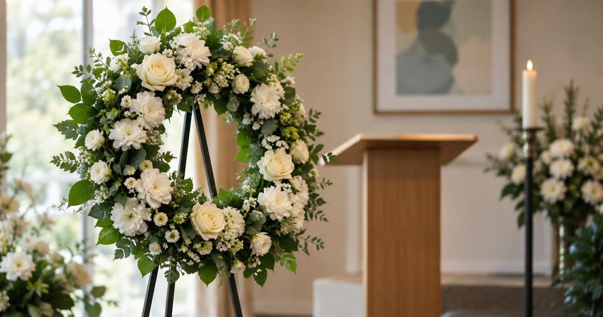 White and green funeral wreath displayed beside a ceremony lectern.