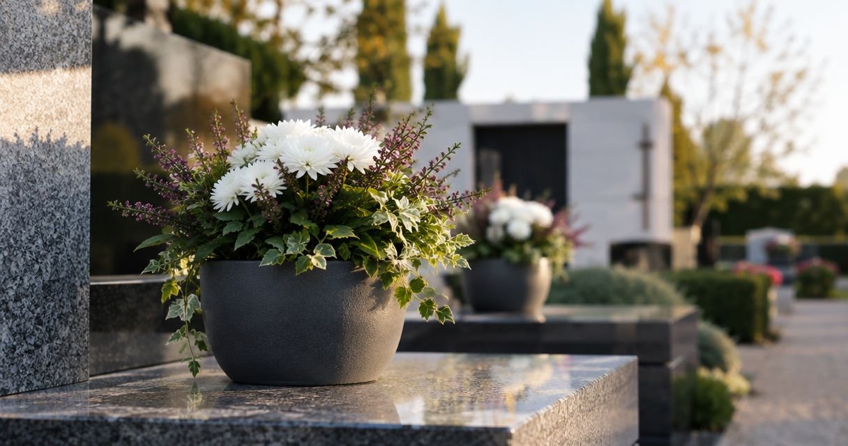 Memorial flower pot with white flowers beside a grave.