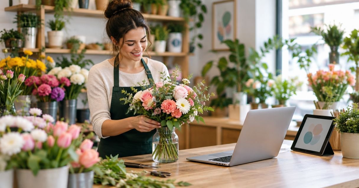 Florist arranging a bouquet at a workbench