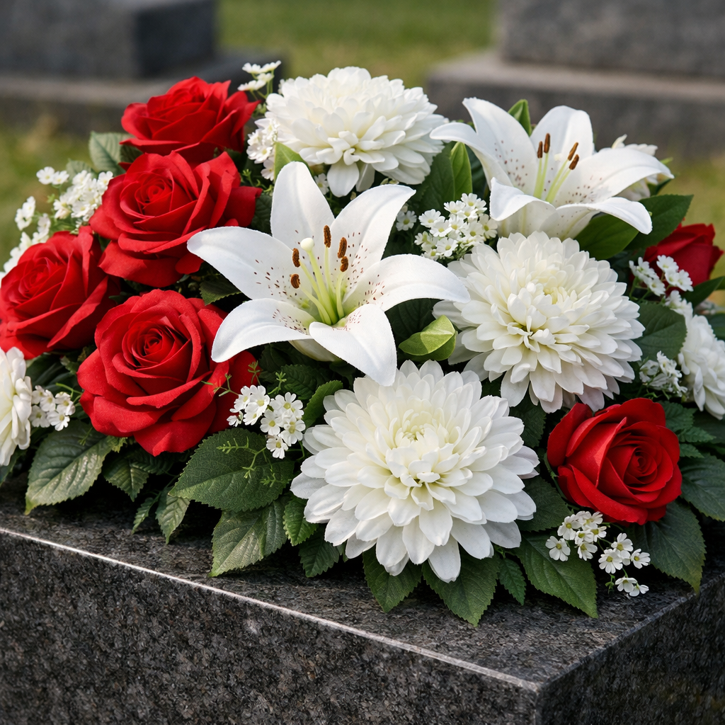 Silk flowers arranged in a grave pot for a lasting memorial tribute